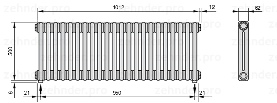 Схема (чертеж) Радиатор Zehnder Charleston 2050/22 №5310 Белый глянцевый RAL 9016
